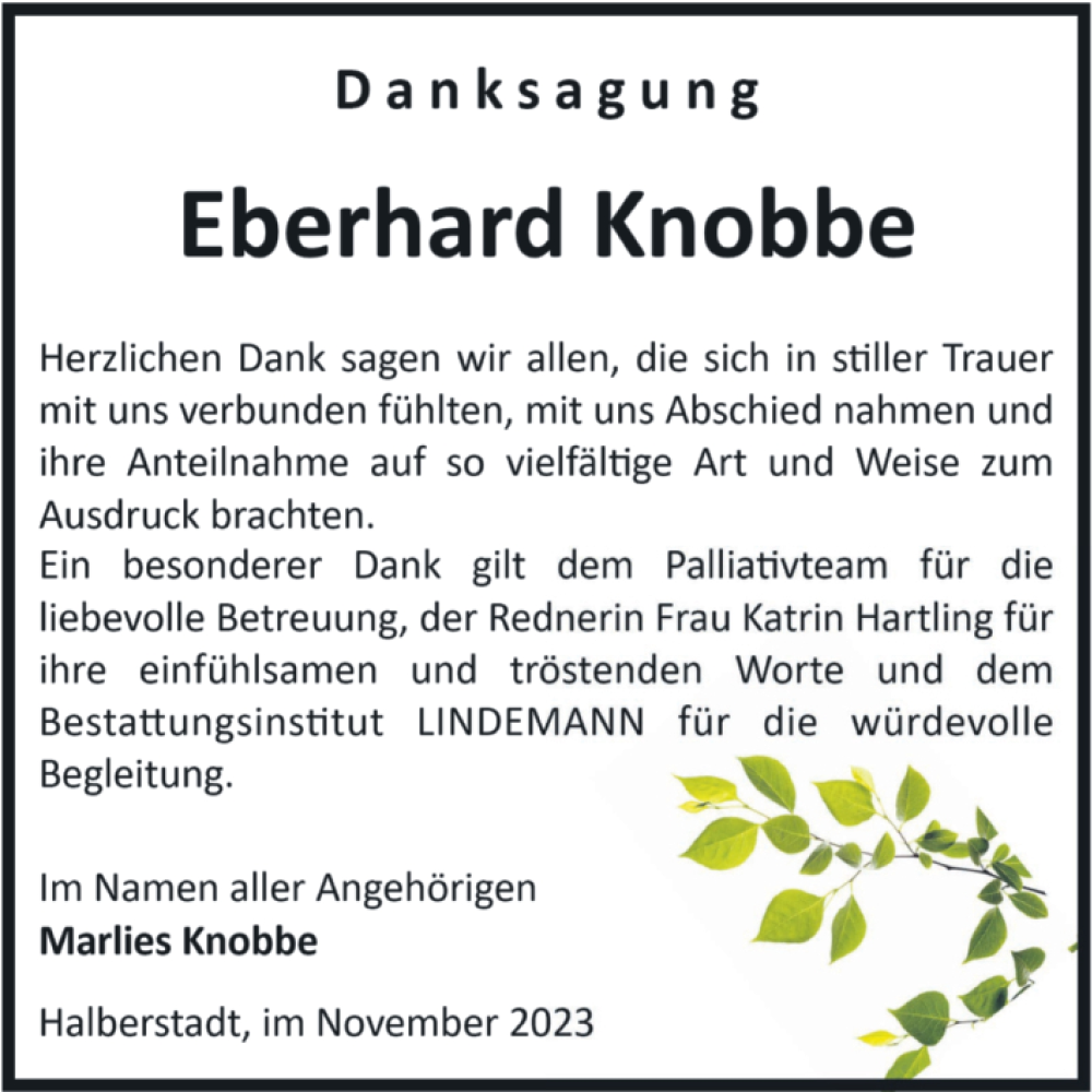  Traueranzeige für Eberhard Knobbe vom 11.11.2023 aus Volksstimme Halberstadt