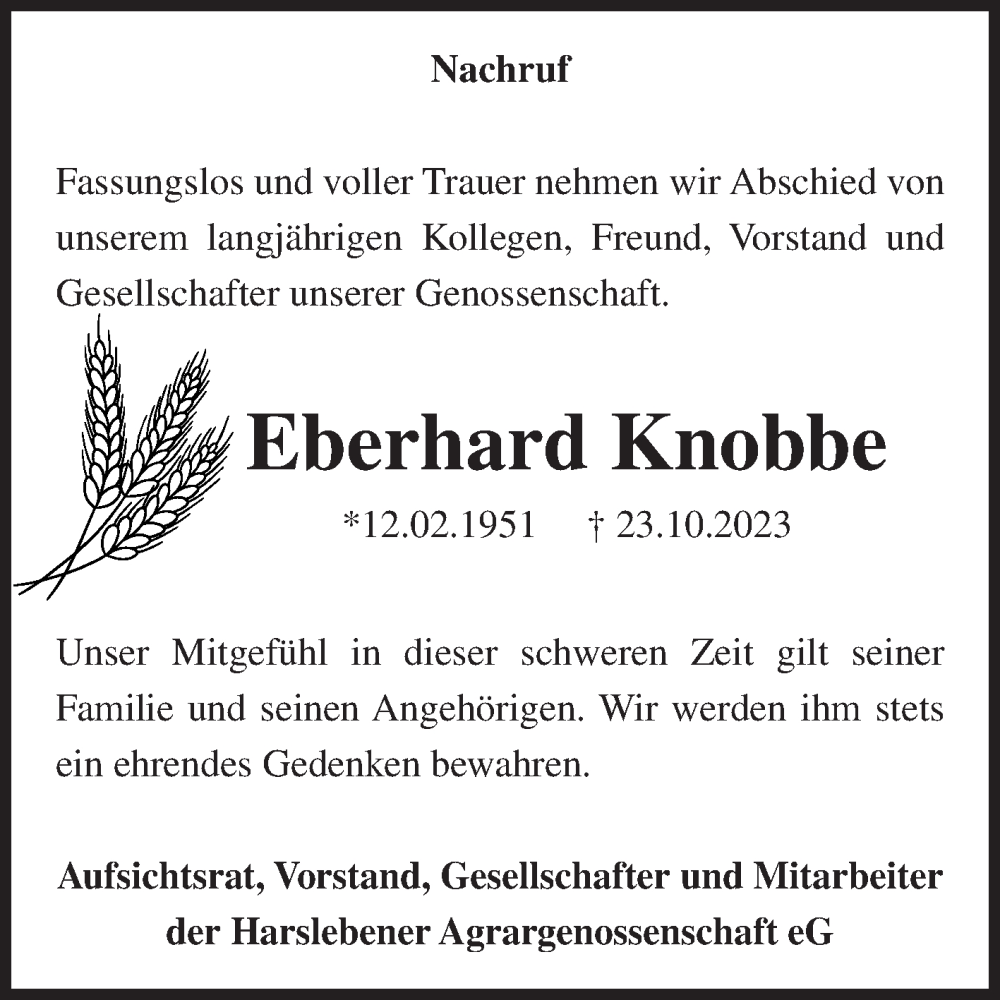  Traueranzeige für Eberhard Knobbe vom 11.11.2023 aus Volksstimme Halberstadt