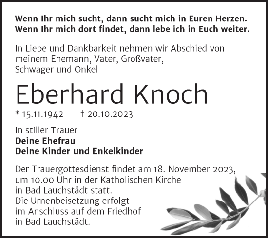 Traueranzeige von Eberhard Knoch von Trauerkombi Merseburg