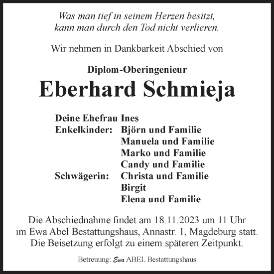 Traueranzeige von Eberhard Schmieja von Volksstimme Magdeburg