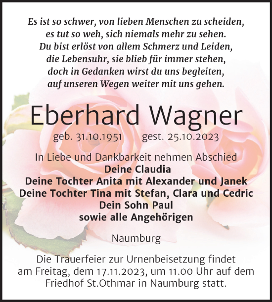 Traueranzeige von Eberhard Wagner von Wochenspiegel Naumburg/Nebra