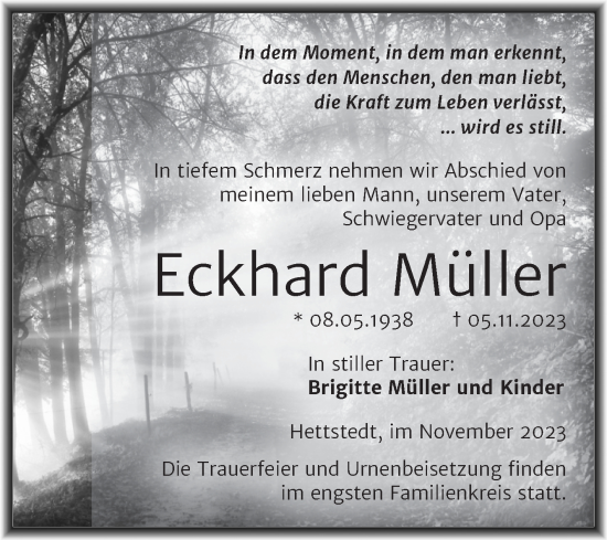 Traueranzeige von Eckhard Müller von Trauerkombi Mansfelder Land