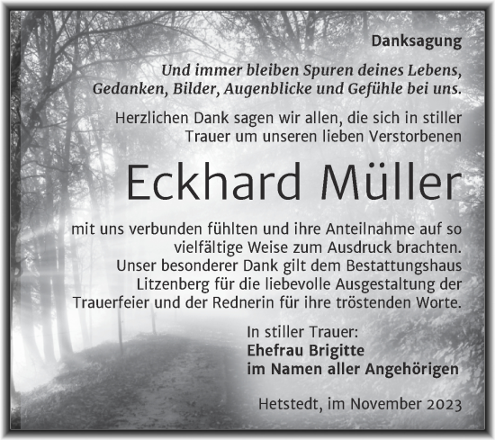 Traueranzeige von Eckhard Müller von Trauerkombi Mansfelder Land