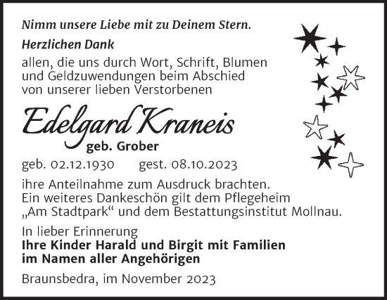 Traueranzeige von Edelgard Kraneis von Trauerkombi Merseburg