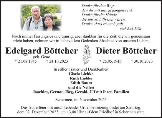 Traueranzeige von Edelgard und Dieter Böttcher von Volksstimme Burg/Genthin