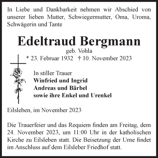 Traueranzeige von Edeltraud Bergmann von Volksstimme Oschersleben/Wanzleben