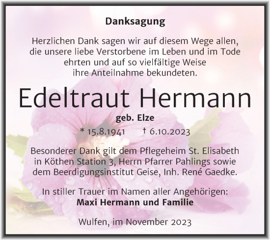 Traueranzeige von Edeltraut Hermann von Trauerkombi Köthen