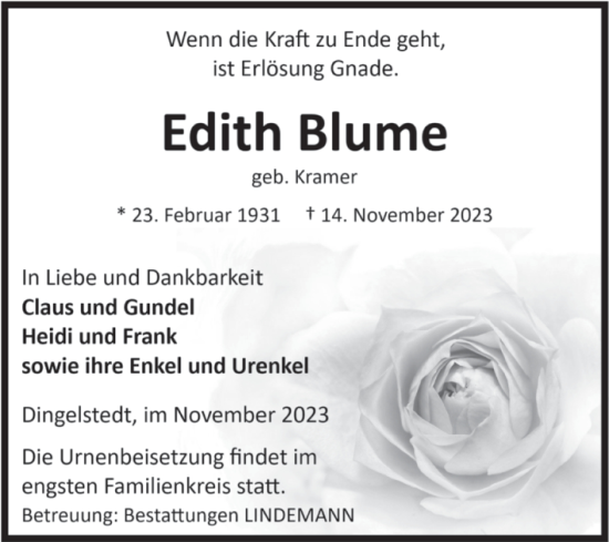 Traueranzeige von Edith Blume von Volksstimme Halberstadt