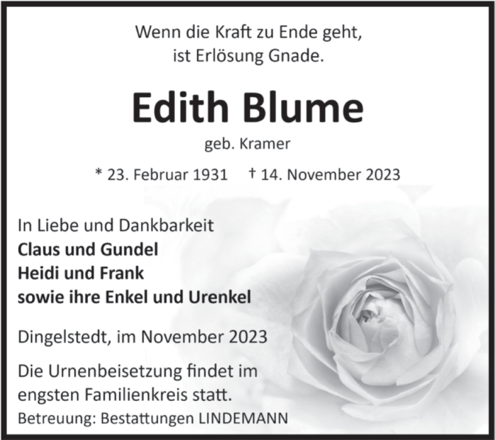  Traueranzeige für Edith Blume vom 18.11.2023 aus Volksstimme Halberstadt