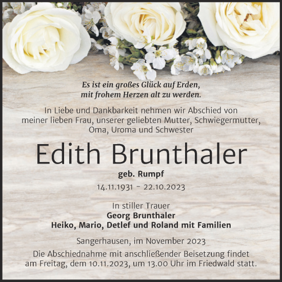 Traueranzeige von Edith Brunthaler von Trauerkombi Sangerhausen