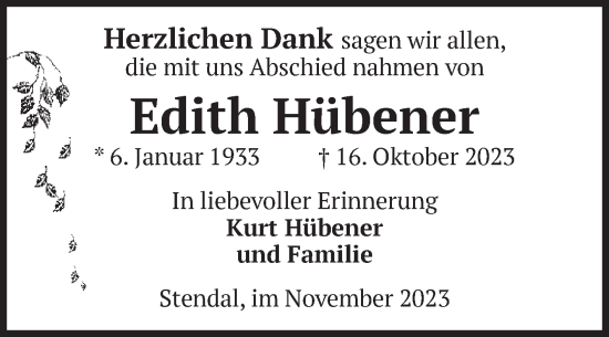 Traueranzeige von Edith Hübener von Volksstimme Altmark Ost