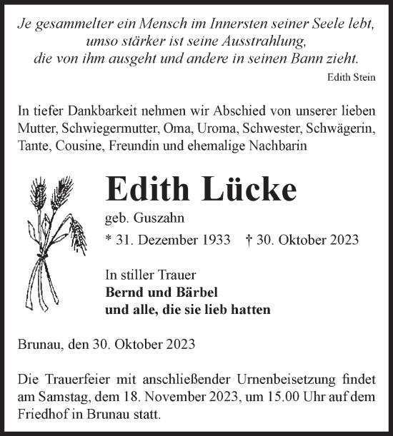 Traueranzeige von Edith Lücke von Volksstimme Altmark Ost