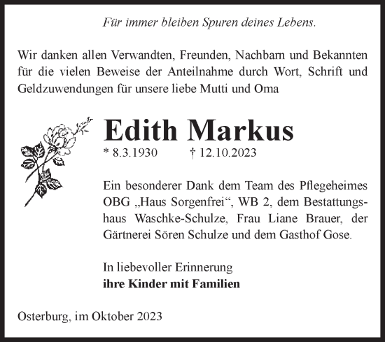 Traueranzeige von Edith Markus von Volksstimme Altmark Ost
