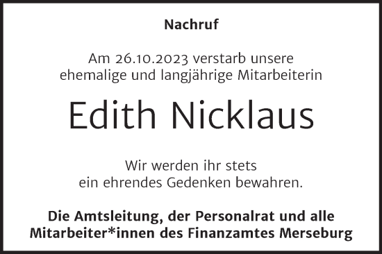Traueranzeige von Edith Nicklaus von Mitteldeutsche Zeitung Merseburg/Querfurt