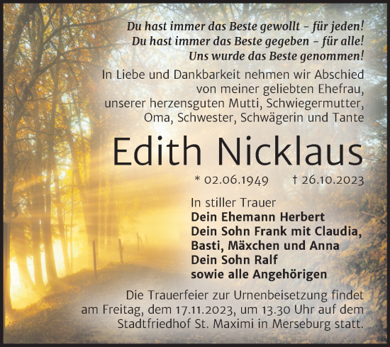 Traueranzeige von Edith Nicklaus von Trauerkombi Merseburg