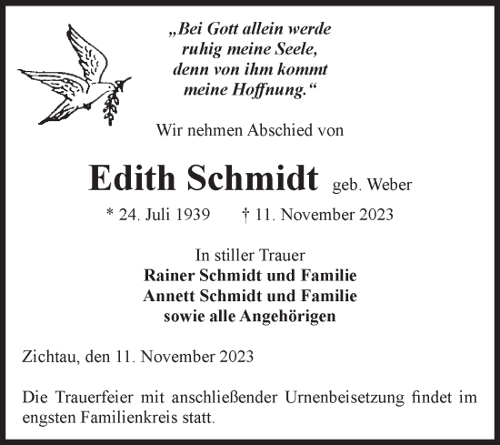 Traueranzeige von Edith Schmidt von Volksstimme Altmark West