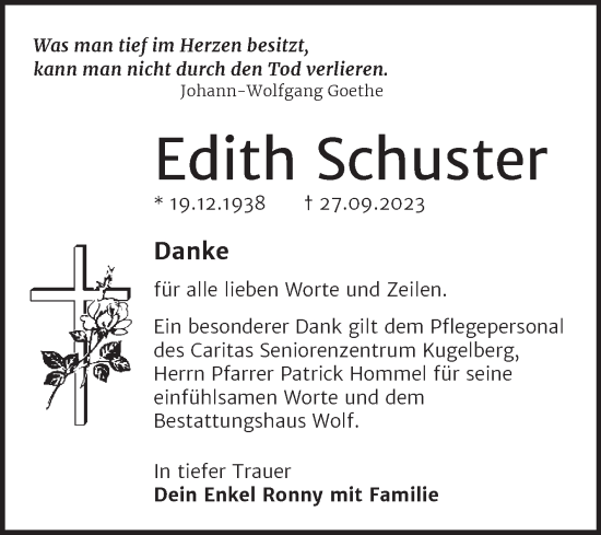 Traueranzeige von Edith Schuster von Trauerkombi Merseburg