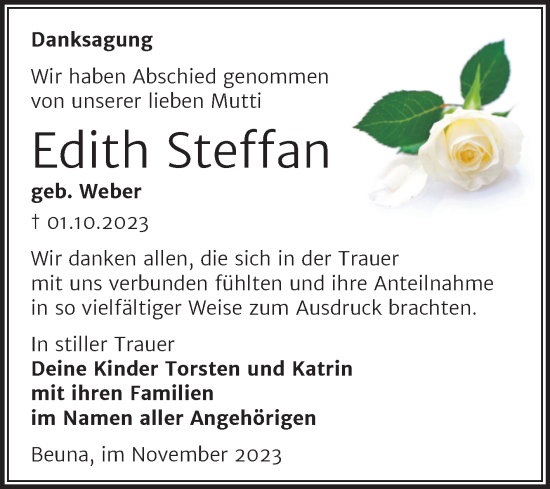 Traueranzeige von Edith Steffan von Trauerkombi Merseburg