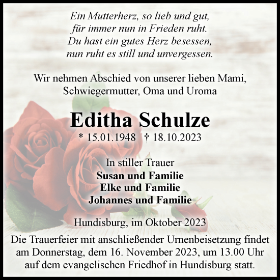 Traueranzeige von Editha Schulze von Volksstimme Haldensleben/Wolmirstedt