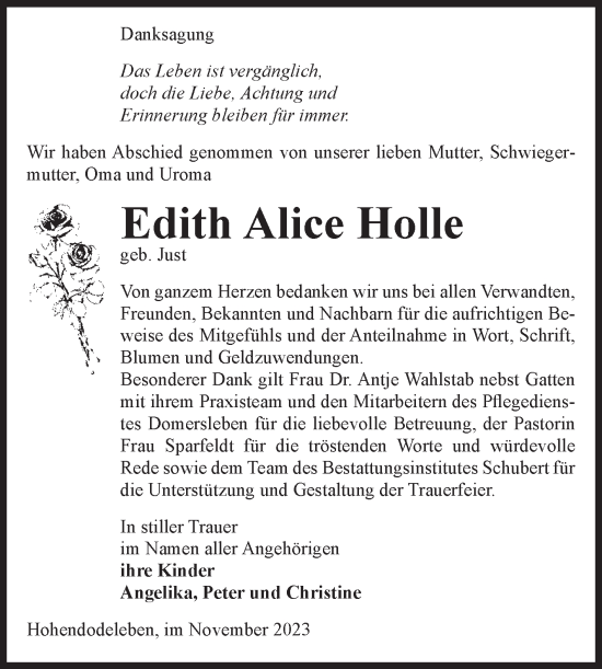 Traueranzeige von Edith Alice Holle von Volksstimme Oschersleben/Wanzleben