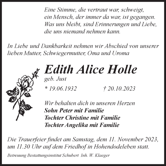 Traueranzeige von Edith Alice Holle von Volksstimme Oschersleben/Wanzleben