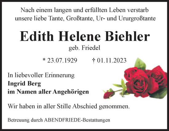 Traueranzeige von Edith Helene Biehler von Volksstimme Magdeburg