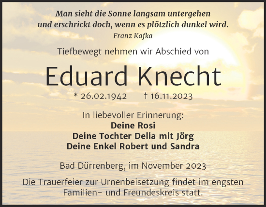 Traueranzeige von Eduard Knecht von Trauerkombi Merseburg