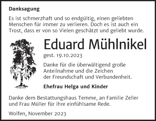 Traueranzeige von Eduard Mühlnikel von Trauerkombi Bitterfeld