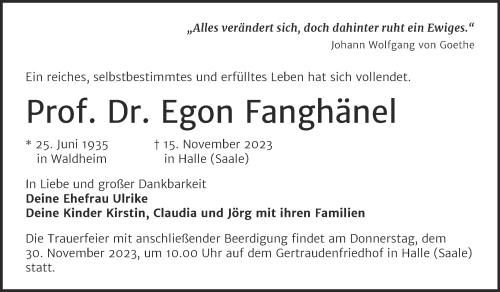  Traueranzeige für Egon Fanghänel vom 25.11.2023 aus Mitteldeutsche Zeitung Halle/Saalkreis