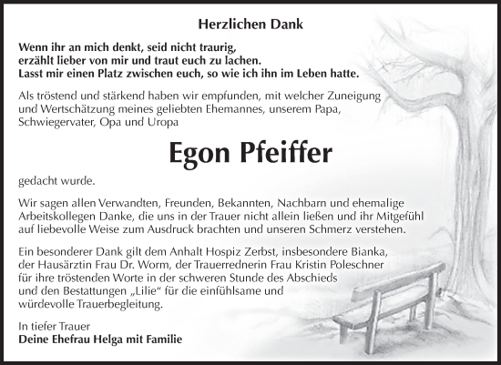 Traueranzeige von Egon Pfeiffer von Volksstimme Zerbst