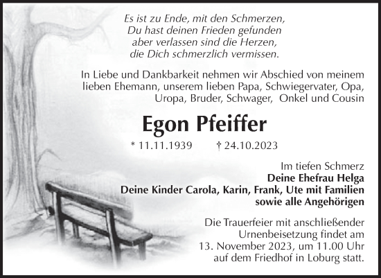 Traueranzeige von Egon Pfeiffer von Volksstimme Zerbst
