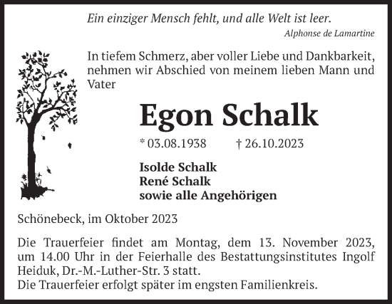 Traueranzeige von Egon Schalk von Volksstimme Schönebeck