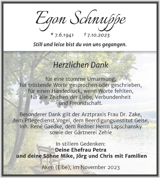 Traueranzeige von Egon Schnuppe von Trauerkombi Köthen