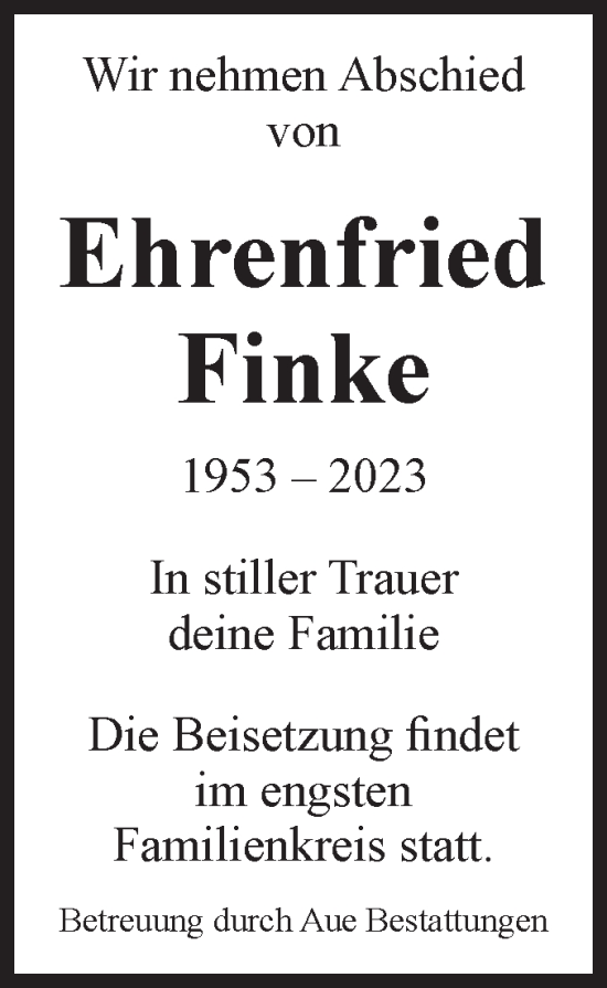 Traueranzeige von Ehrenfried Finke von Volksstimme Magdeburg