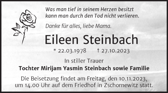 Traueranzeige von Eileen Steinbach von Trauerkombi Wittenberg