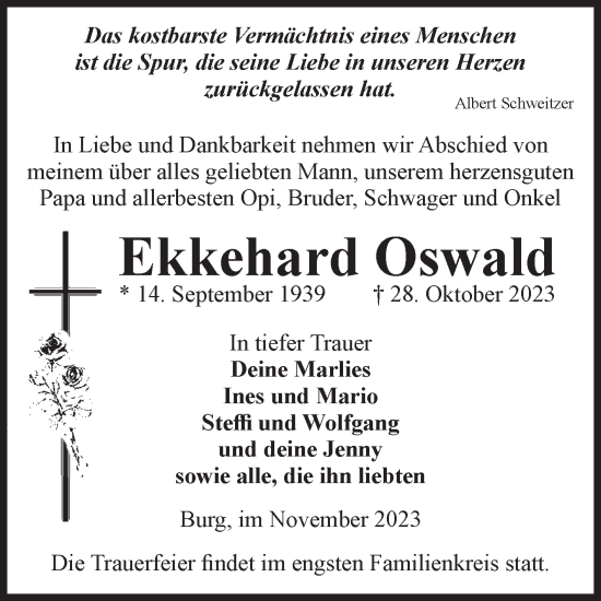 Traueranzeige von Ekkehard Oswald von Volksstimme Burg/Genthin