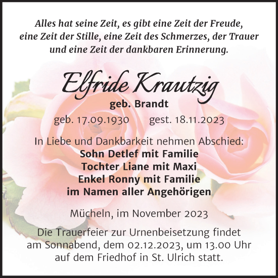 Traueranzeige von Elfriede Krautzig von Trauerkombi Merseburg