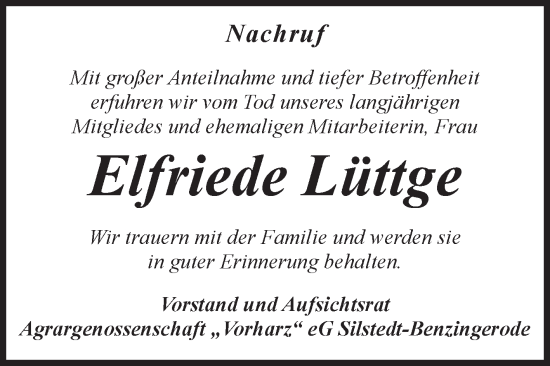 Traueranzeige von Elfriede Lüttge von Volksstimme Wernigerode