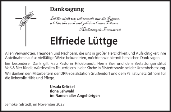 Traueranzeige von Elfriede Lüttge von Volksstimme Wernigerode