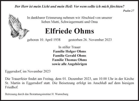 Traueranzeige von Elfriede Ohms von Volksstimme Schönebeck