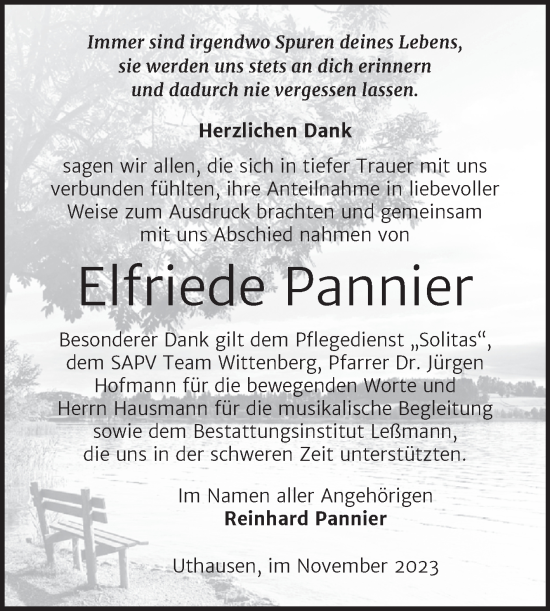 Traueranzeige von Elfriede Pannier von Trauerkombi Wittenberg