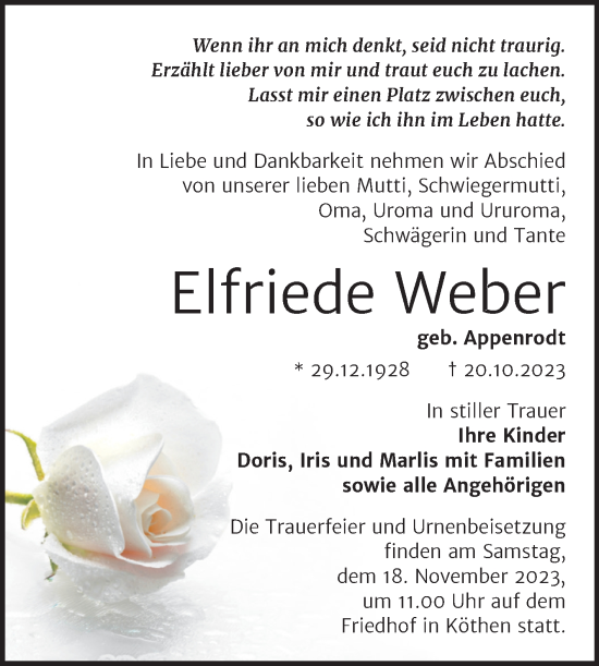 Traueranzeige von Elfriede Weber von Trauerkombi Köthen