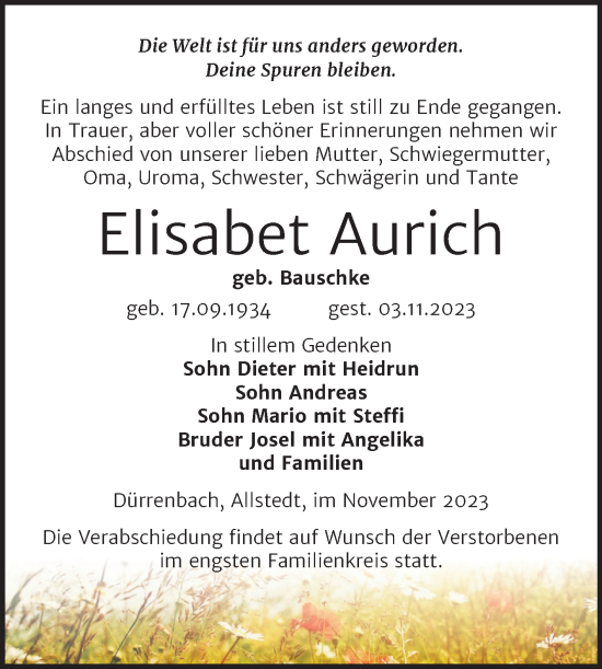 Traueranzeige von Elisabet Aurich von Trauerkombi Sangerhausen