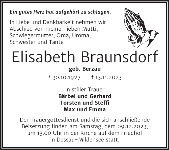 Traueranzeige von Elisabeth Braunsdorf von Trauerkombi Dessau
