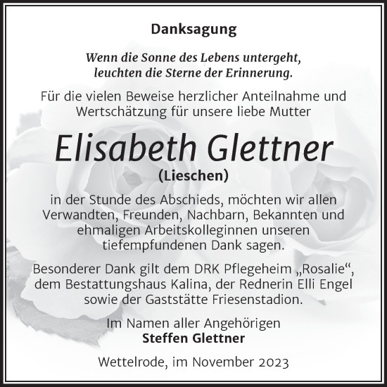 Traueranzeige von Elisabeth Glettner von Trauerkombi Sangerhausen