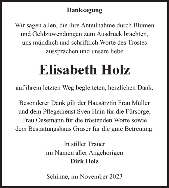 Traueranzeige von Elisabeth Holz von Volksstimme Altmark Ost