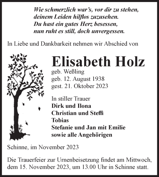 Traueranzeige von Elisabeth Holz von Volksstimme Altmark Ost