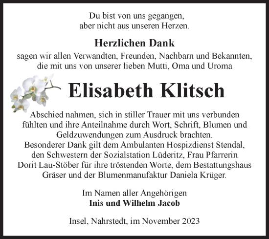 Traueranzeige von Elisabeth Klitsch von Volksstimme Altmark Ost