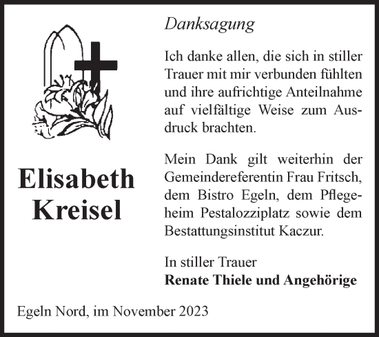 Traueranzeige von Elisabeth Kreisel von Volksstimme Staßfurt