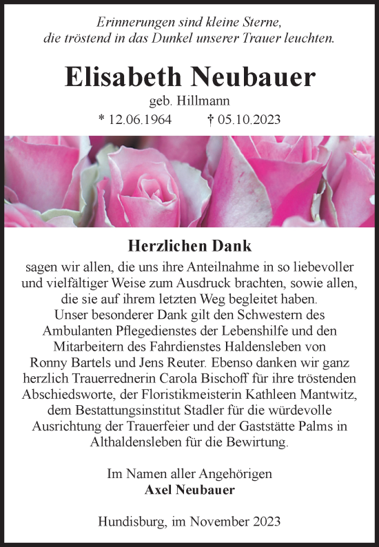 Traueranzeige von Elisabeth Neubauer von Volksstimme Haldensleben/Wolmirstedt